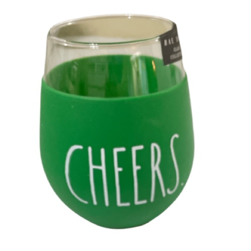 NEW Rae Dunn CHEERS Stemless 🍷 Glass in Green Silicone Sleeve